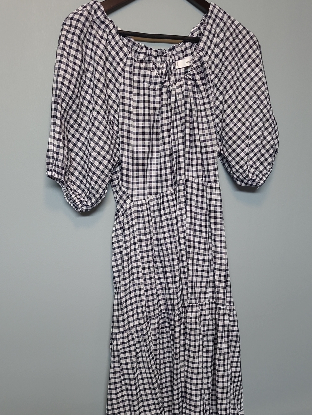 Gingham Maxi Dress with Puff Sleeves - White & Black